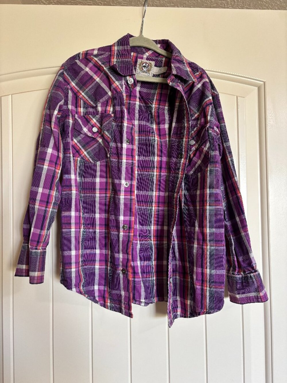 Cinch Girls Purple Plaid Western Snap Shirt Size XS 4/5